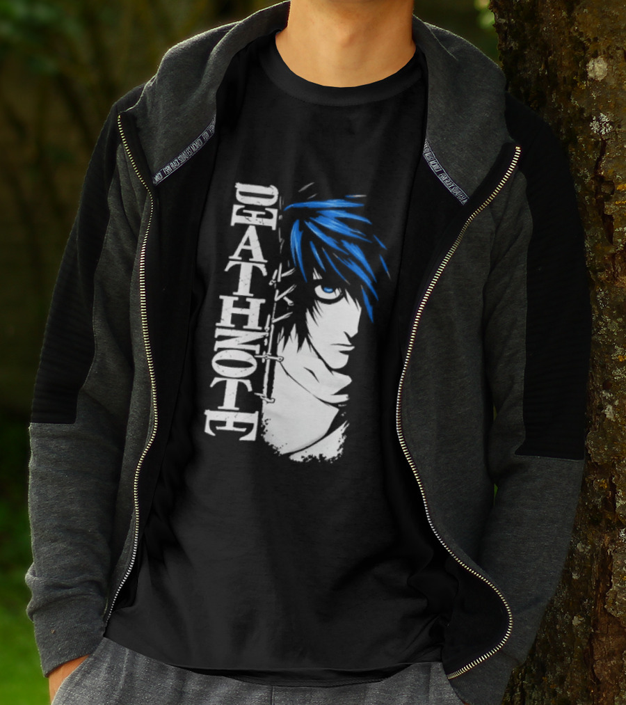 L From Death Note Distressed Anime Blue Hair White T-Shirt