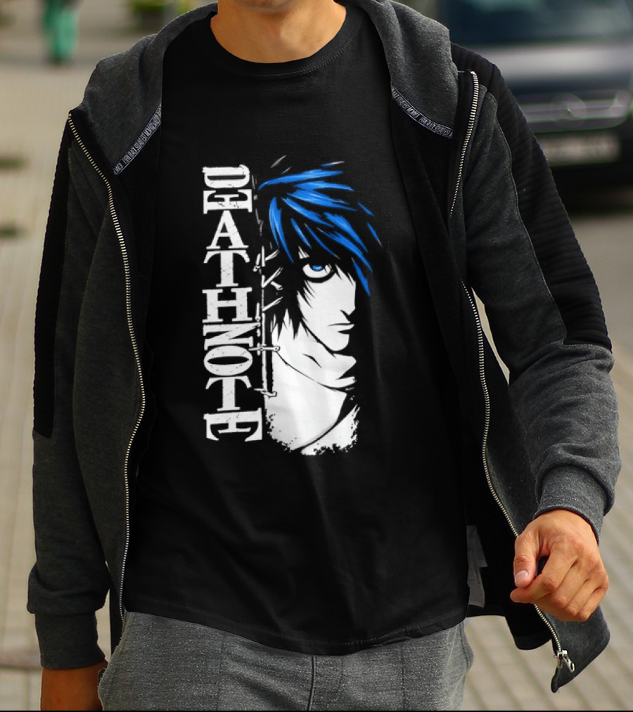 L From Death Note Distressed Anime Blue Hair White T-Shirt
