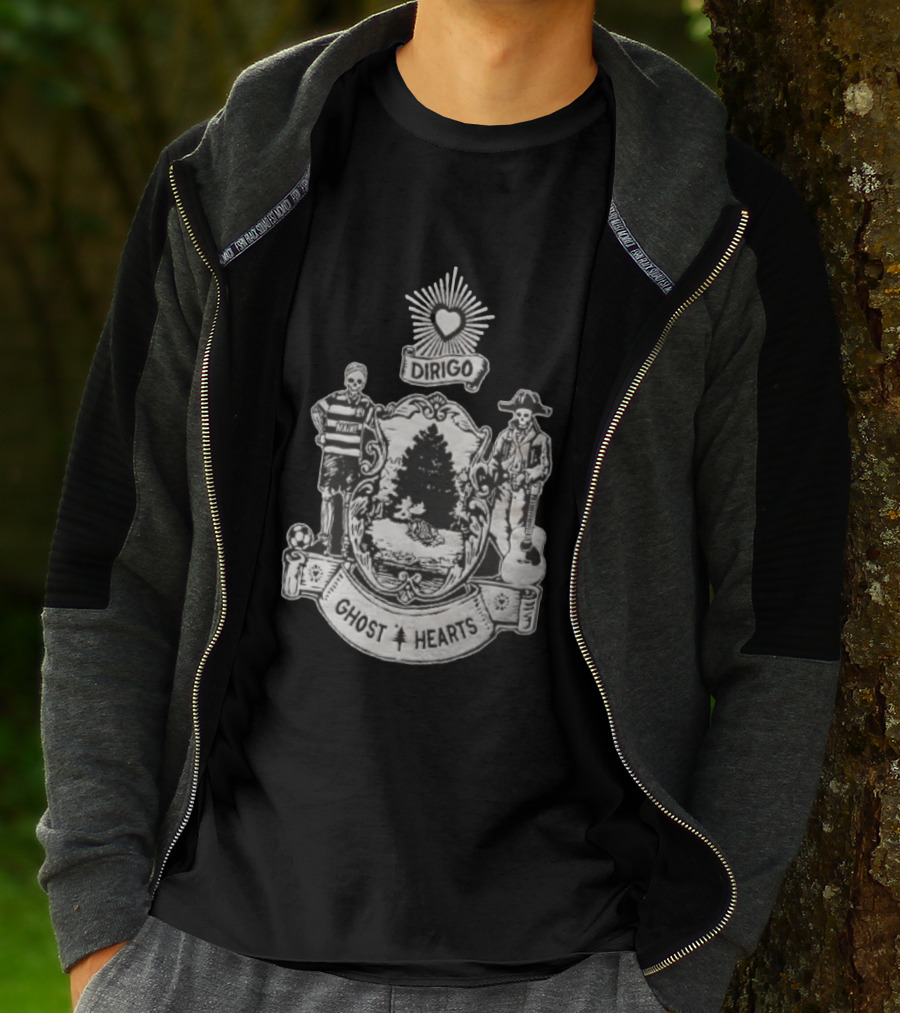 Dirigo Ghost Hearts Maine Crest With Skeleton Soccer And Guitar Players T-Shirt