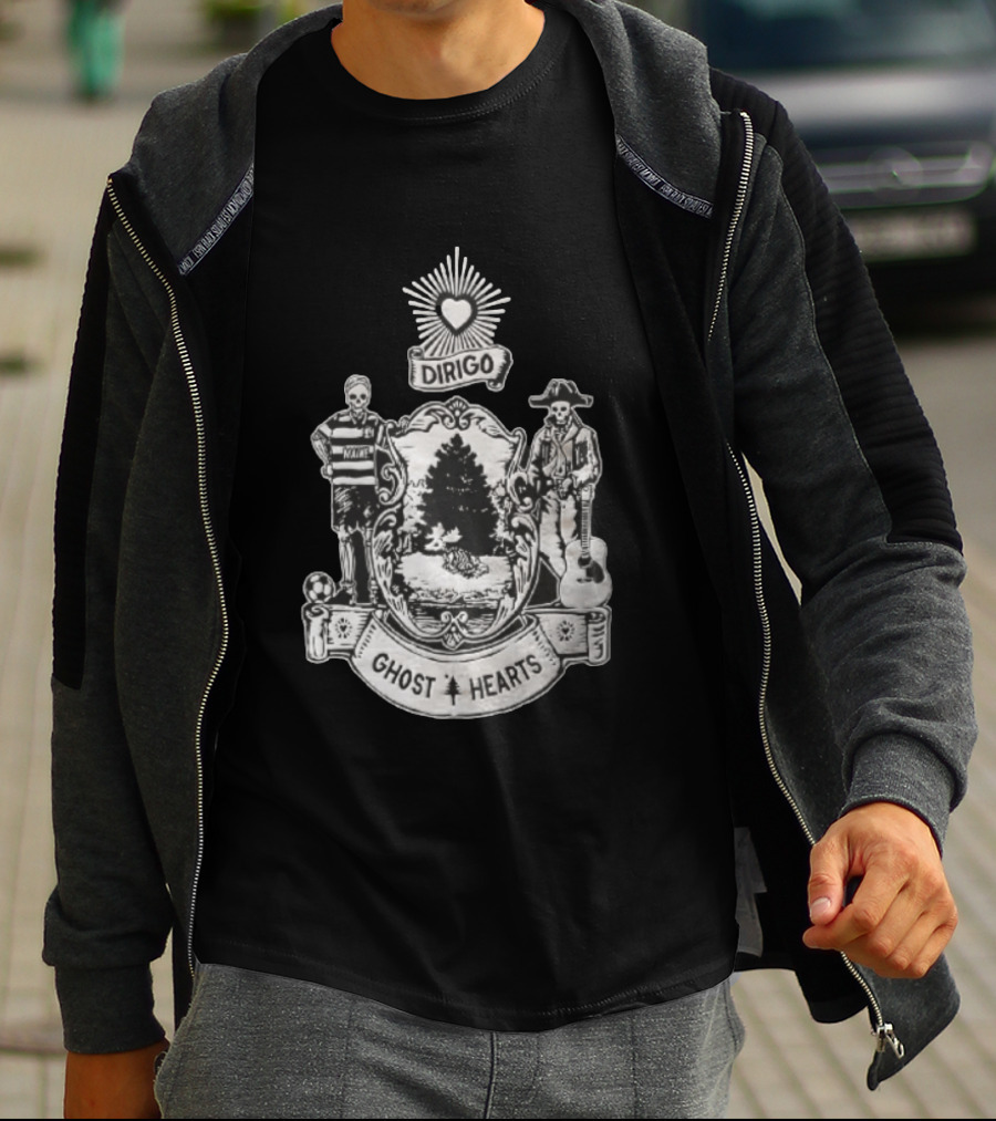 Dirigo Ghost Hearts Maine Crest With Skeleton Soccer And Guitar Players T-Shirt