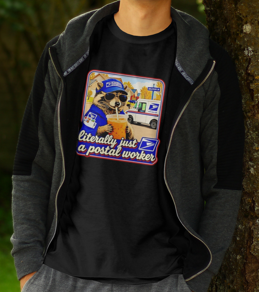 Literally Just A Postal Worker Raccoon With USA Postal Service Mail Truck Delivery Scene T-Shirt