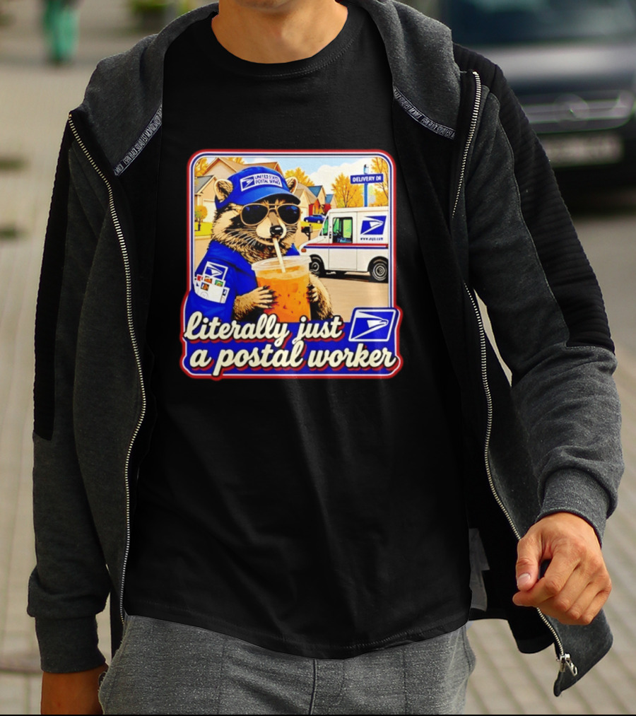 Literally Just A Postal Worker Raccoon With USA Postal Service Mail Truck Delivery Scene T-Shirt