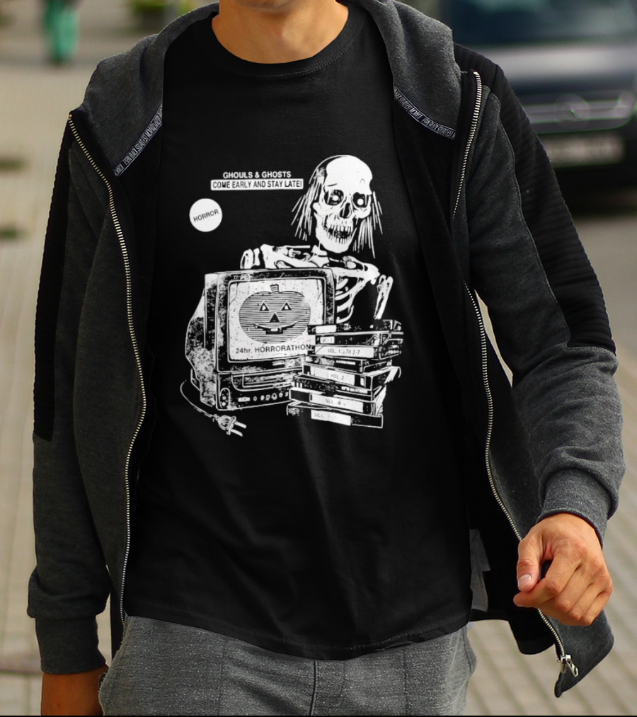 Ghouls And Ghosts 24hr Horrorathon Skeleton With TV And Pumpkin T-Shirt
