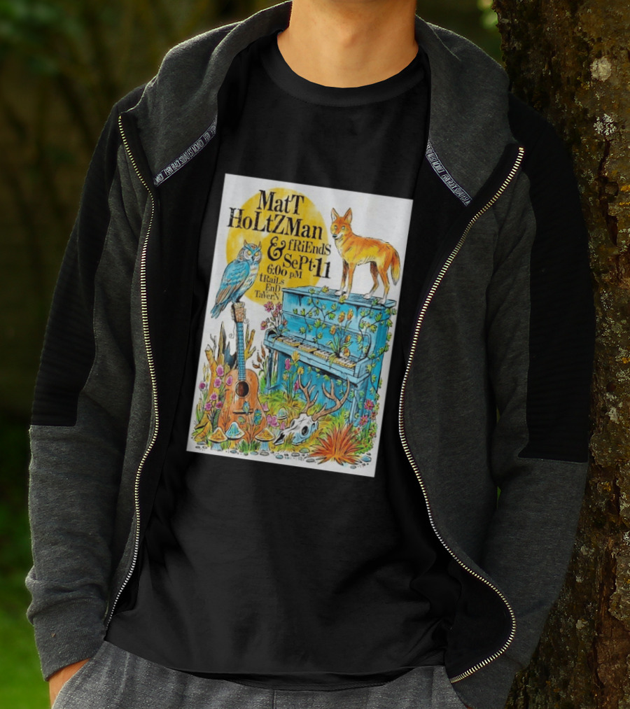 Matt Holtzman And Friends Live Music Event At Trails End Tavern September 11 Featuring Fox And Owl With Guitar And Piano Illustrations T-Shirt