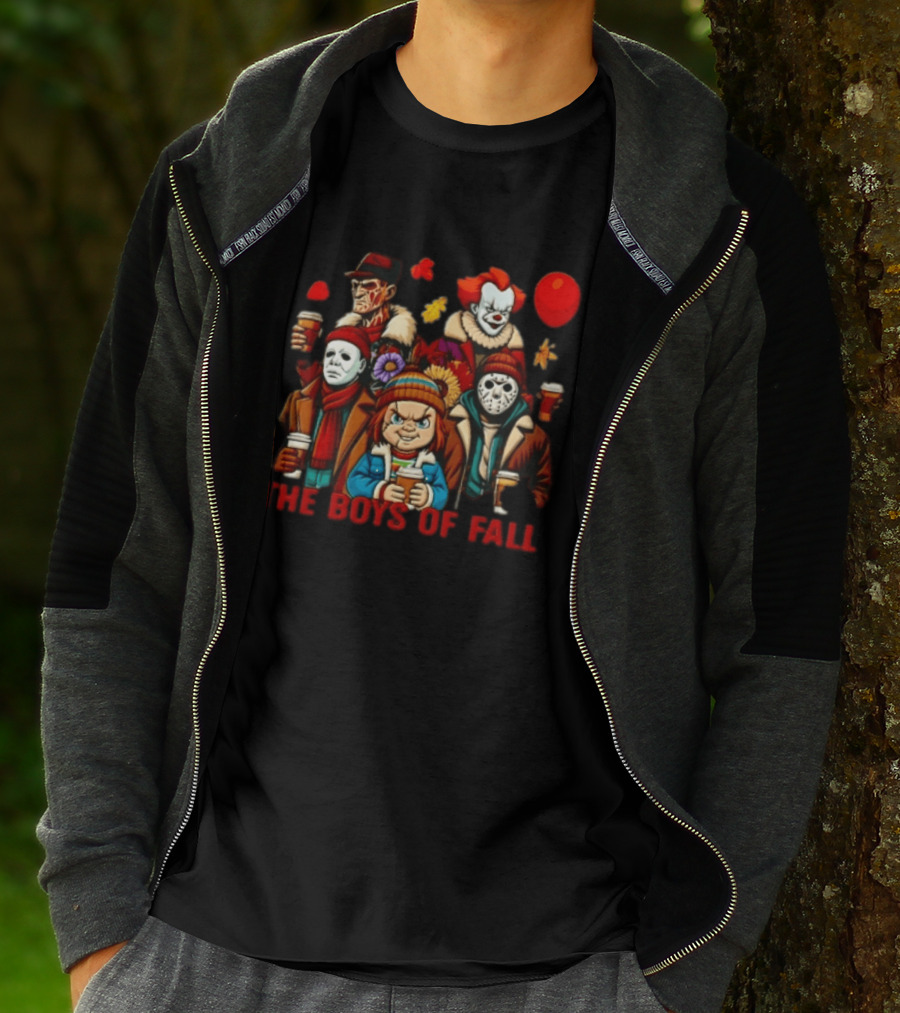 The Boys Of Fall Horror Movie Villains Holding Coffee Autumn Leaves Cartoon Balloons T-Shirt