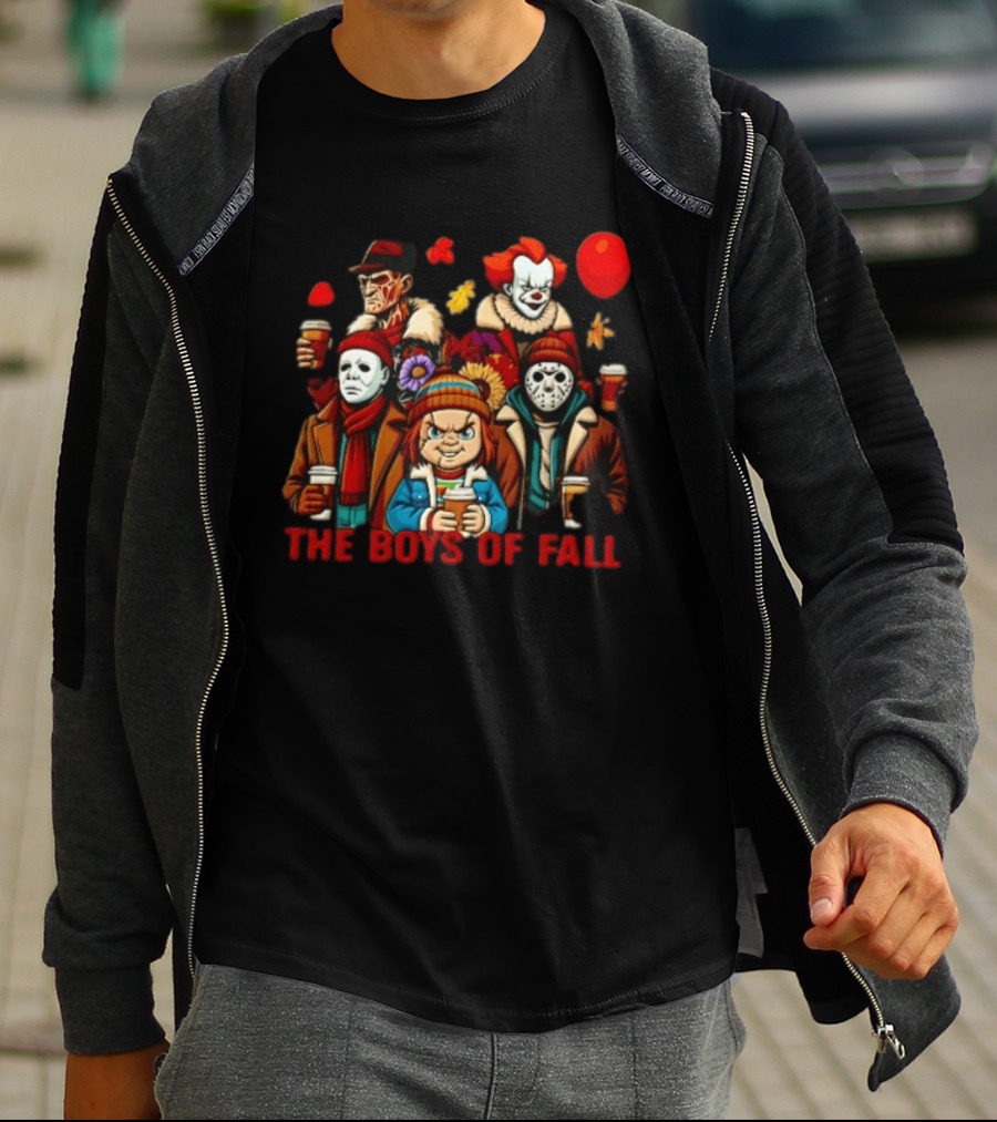 The Boys Of Fall Horror Movie Villains Holding Coffee Autumn Leaves Cartoon Balloons T-Shirt