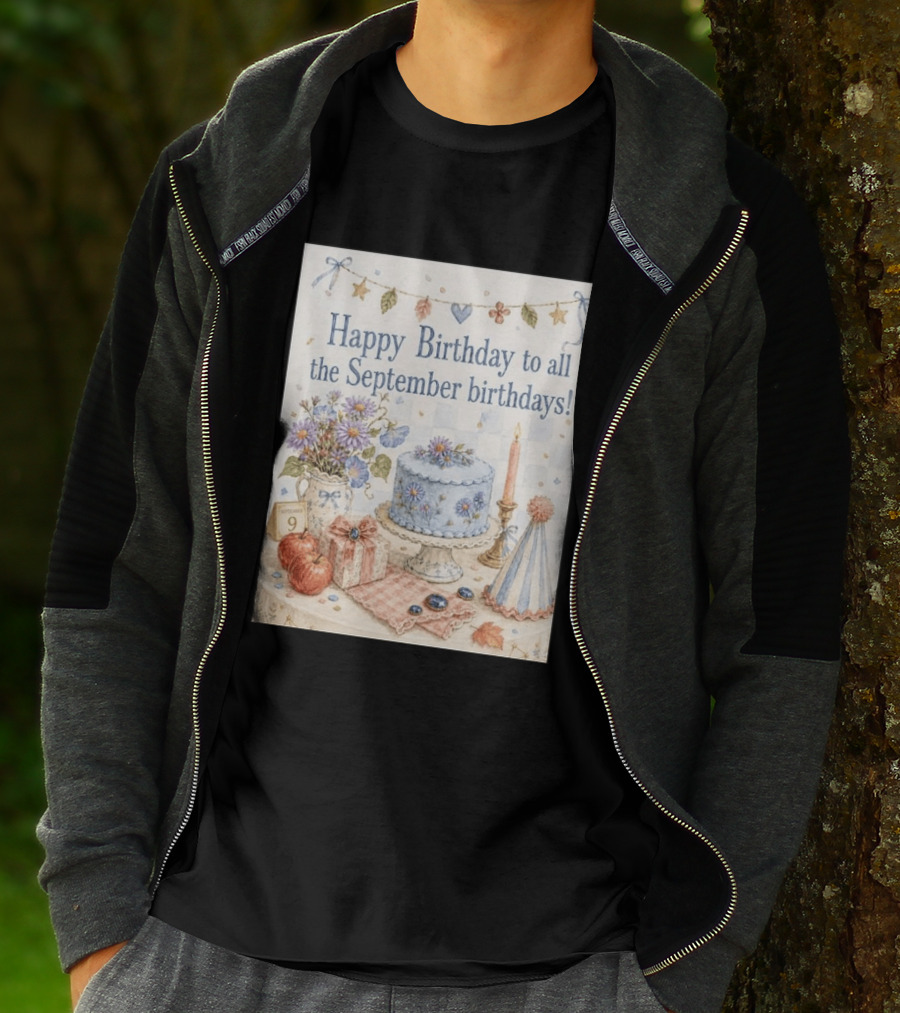 Happy Birthday To All The September Birthdays With Cake And Flowers Celebration T-Shirt