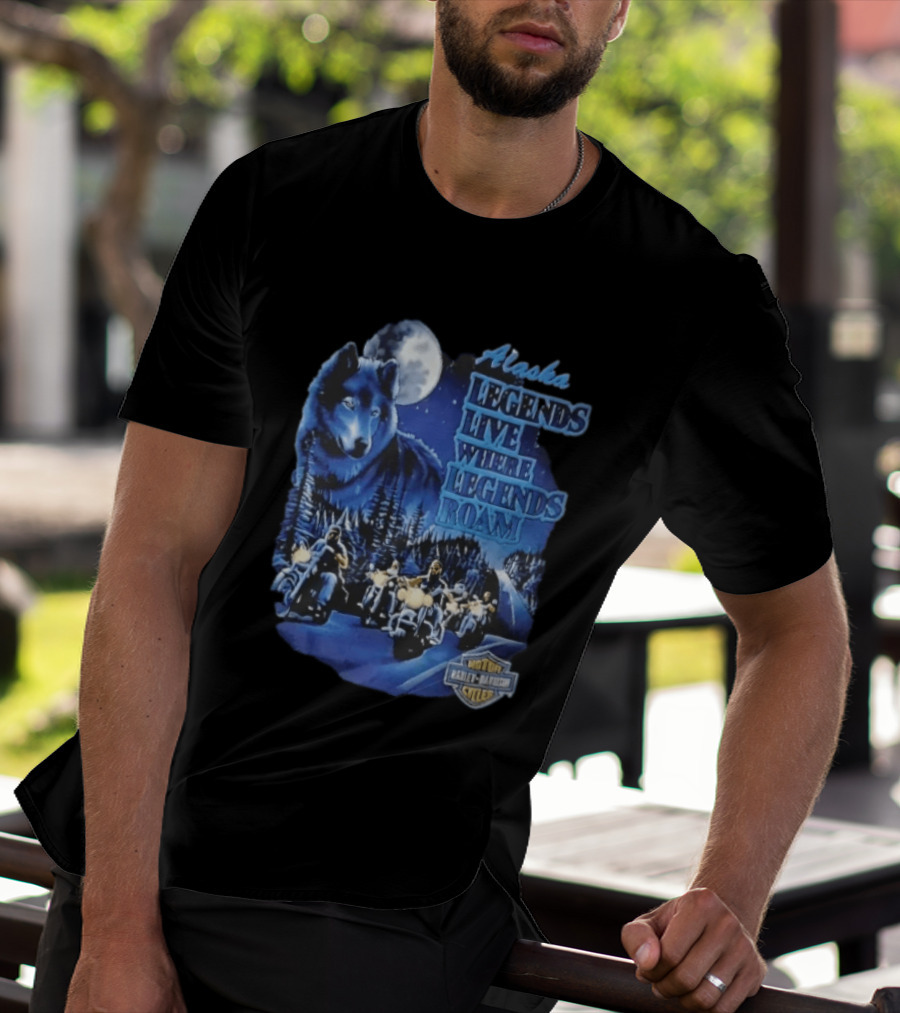 Alaska Legends Live Where Legends Roam Wolf Moon Motorcycles Forest Road T-Shirt