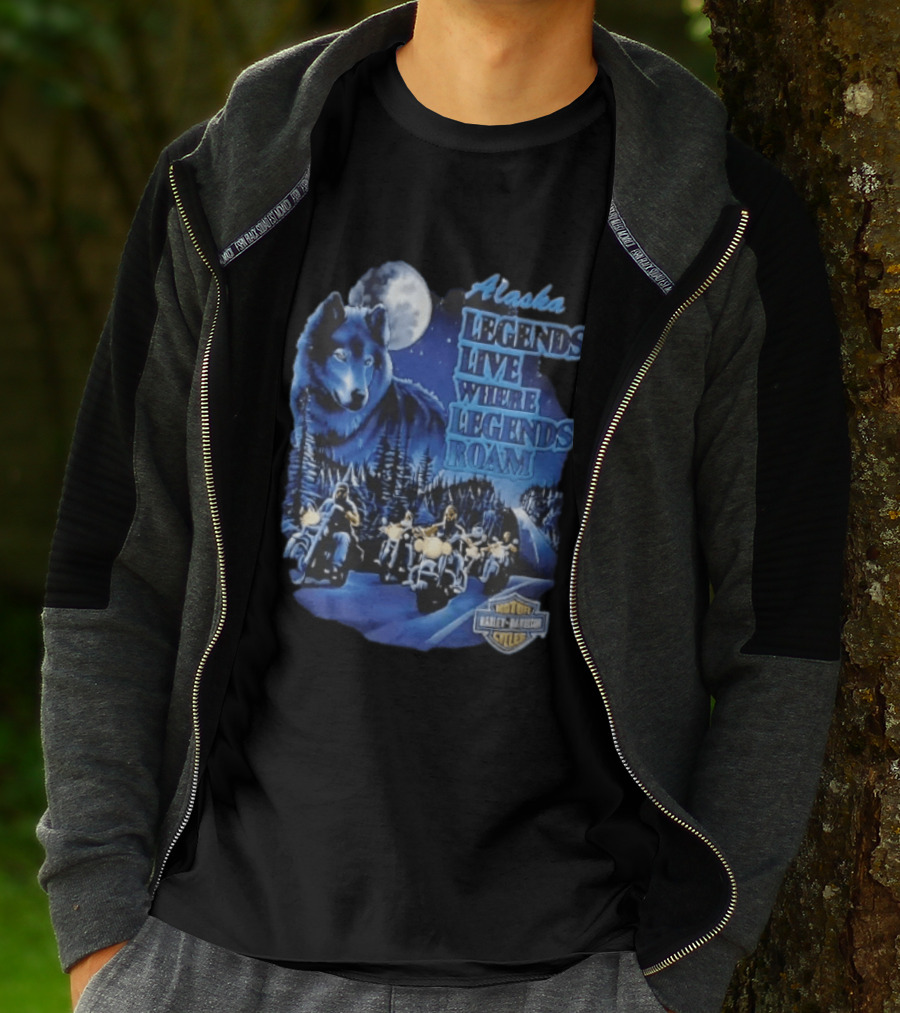 Alaska Legends Live Where Legends Roam Wolf Moon Motorcycles Forest Road T-Shirt