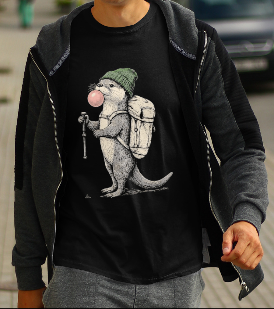 Hiking Otter Backpack Adventure With Bubble Gum T-Shirt