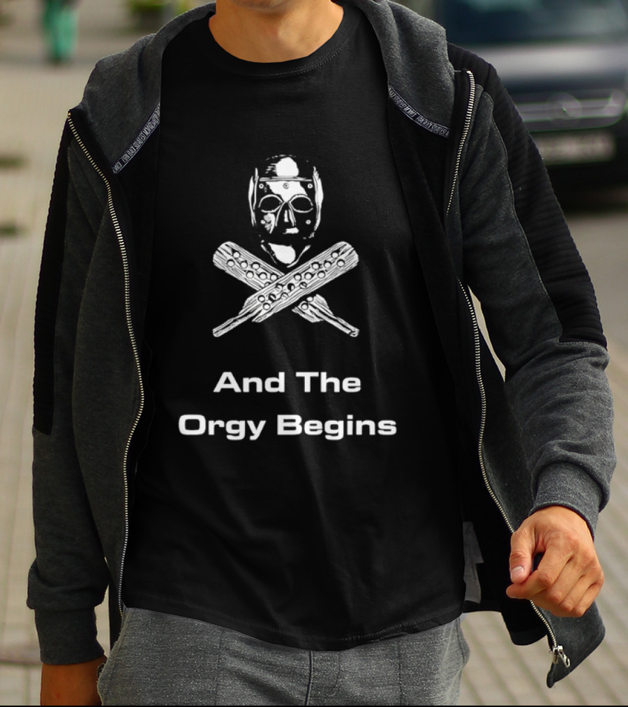 And The Orgy Begins Horror Cult Classic Hockey Mask Crossed Bats T-Shirt