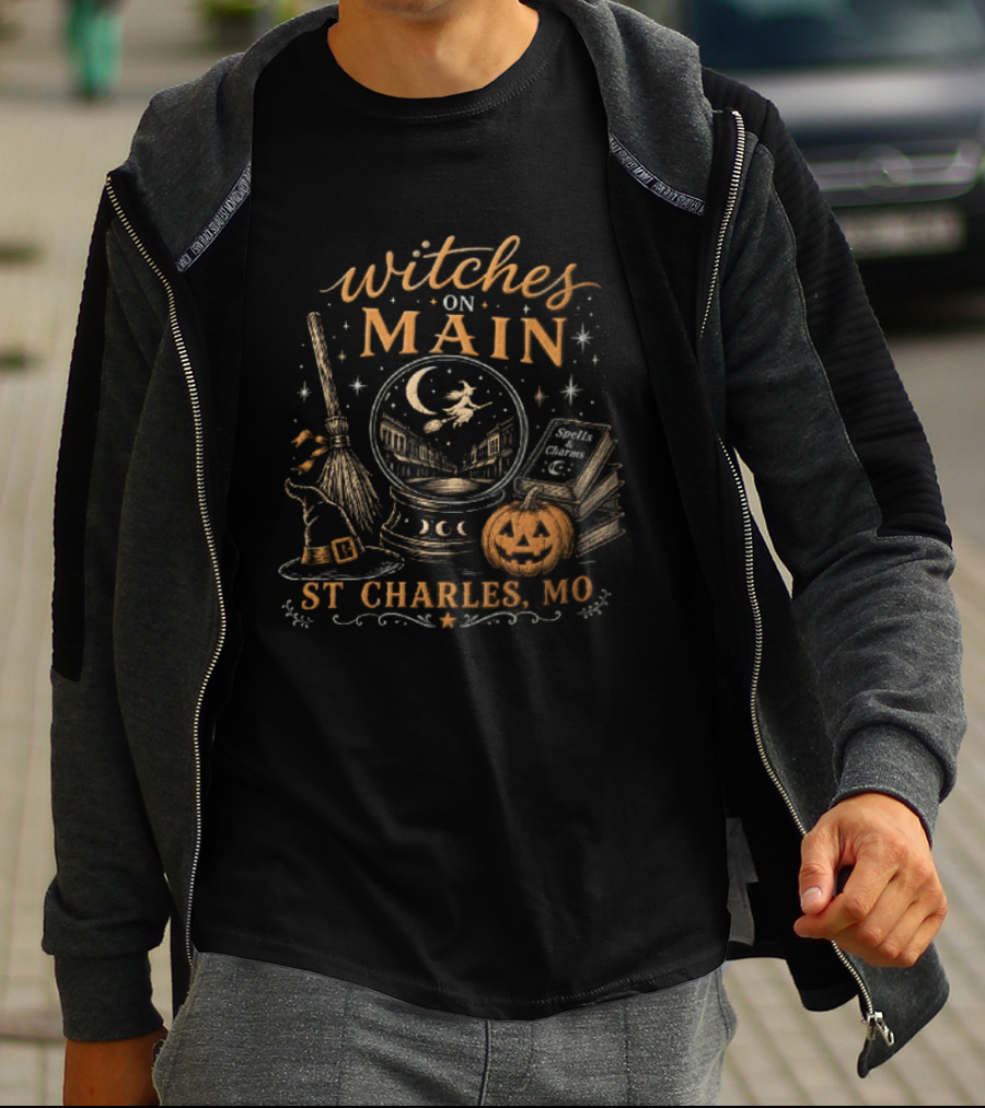 Witches On Main St Charles MO Halloween Broomstick Crystal Ball Pumpkin T-Shirt