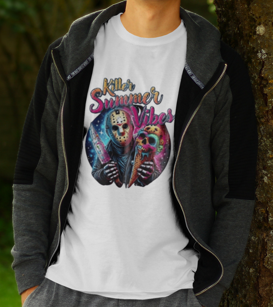 Killer Summer Vibes Hockey Mask Slasher Knife Skull Ice Cream Cone Cosmic T-Shirt