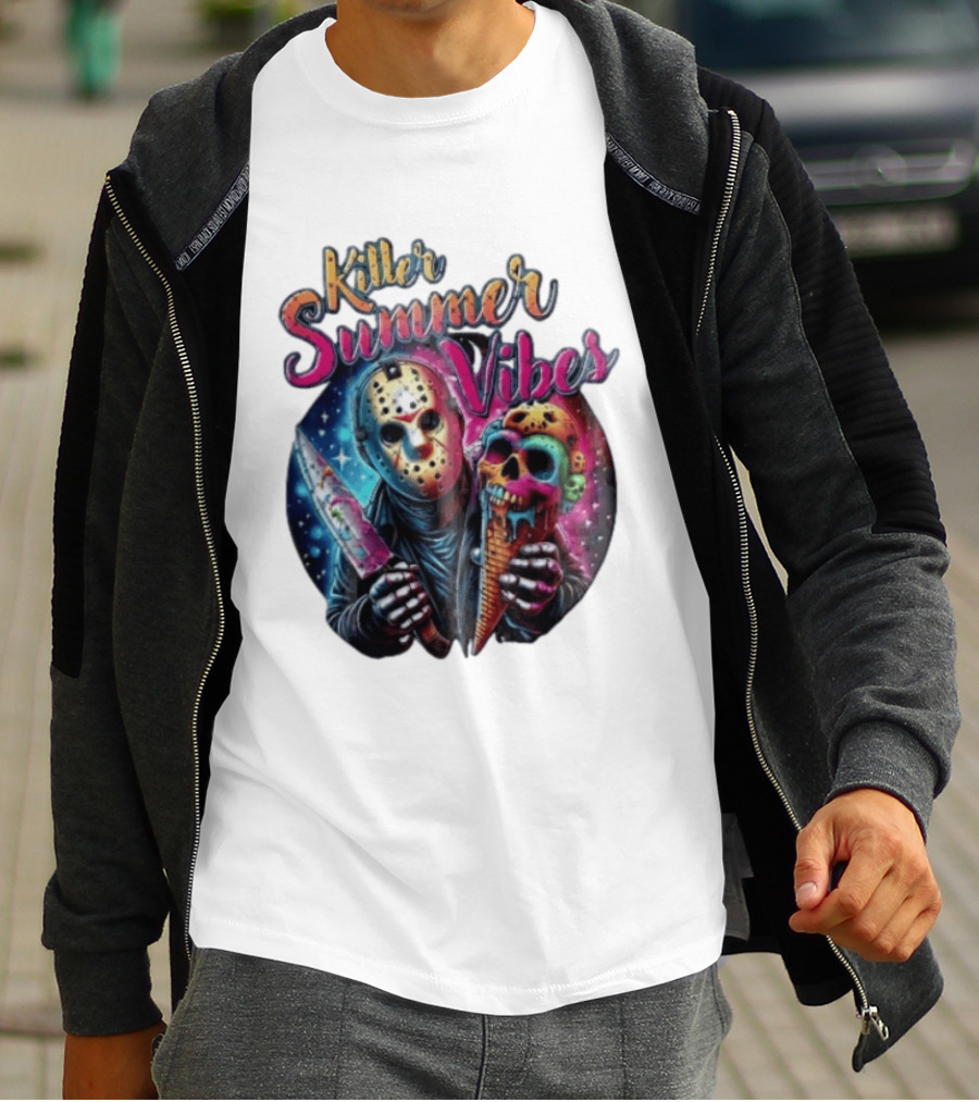 Killer Summer Vibes Hockey Mask Slasher Knife Skull Ice Cream Cone Cosmic T-Shirt