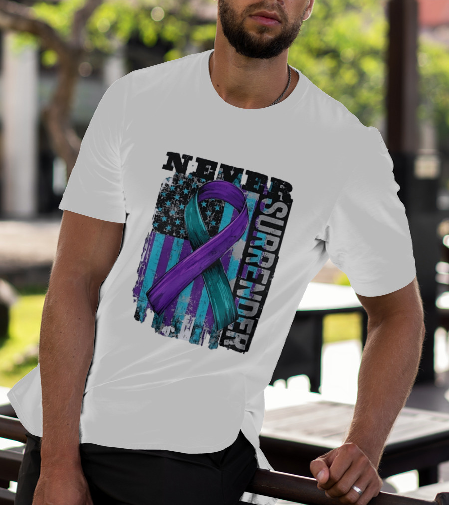 Never Surrender Teal And Purple Awareness Ribbon Distressed Flag T-Shirt