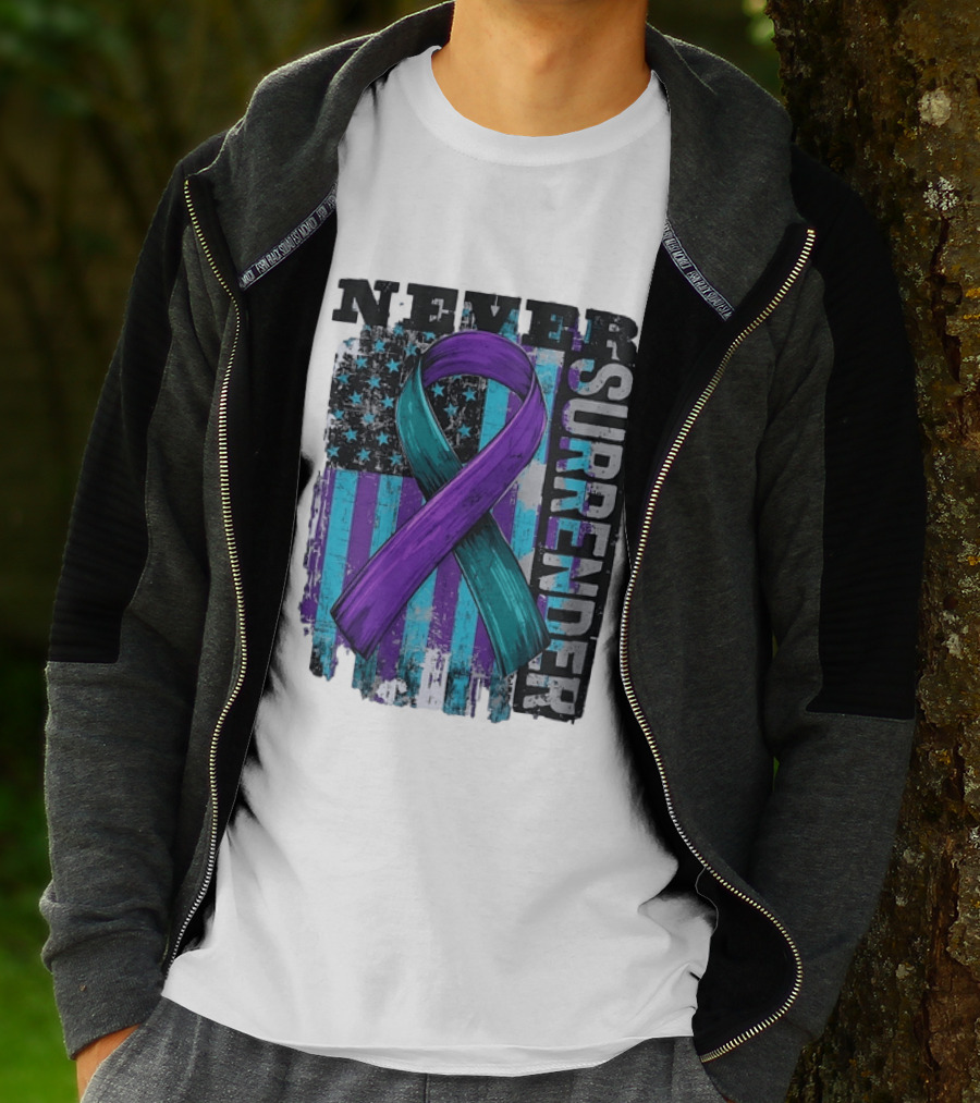 Never Surrender Teal And Purple Awareness Ribbon Distressed Flag T-Shirt