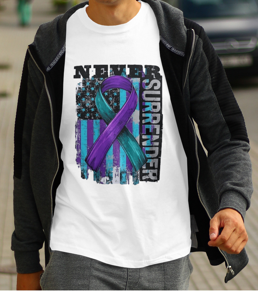 Never Surrender Teal And Purple Awareness Ribbon Distressed Flag T-Shirt