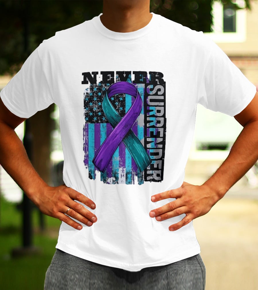 Never Surrender Teal And Purple Awareness Ribbon Distressed Flag T-Shirt