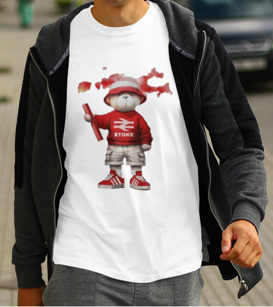 Stoke Awaydays Bear With Flare Football Casuals Railway Logo Bucket Hat Red Sneakers T-Shirt