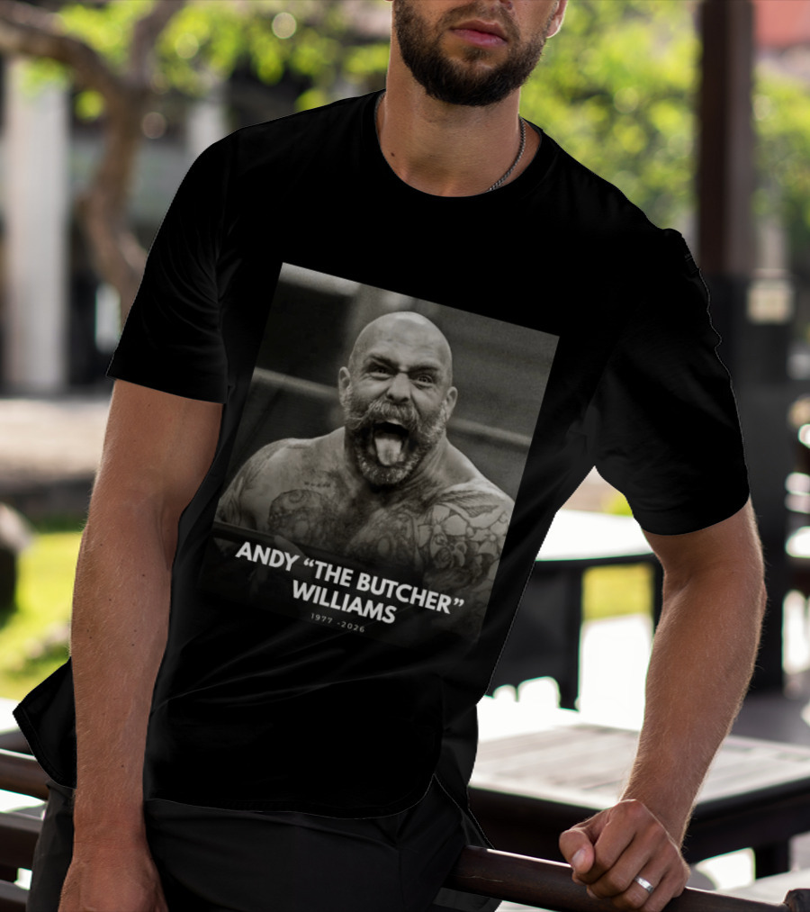 Andy The Butcher Williams 1977 2026 Tattooed Beard Black And White Image T-Shirt