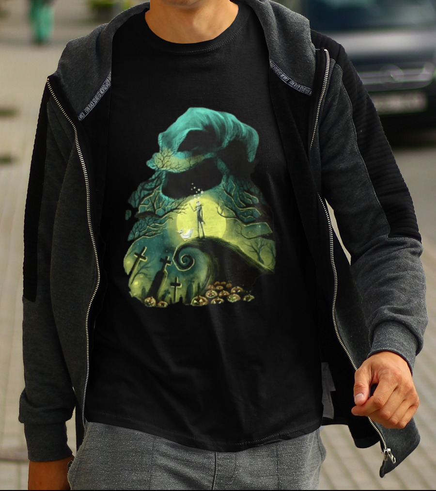 The Nightmare Before Christmas Jack Skellington Zero Oogie Boogie Moonlit Scene T-Shirt