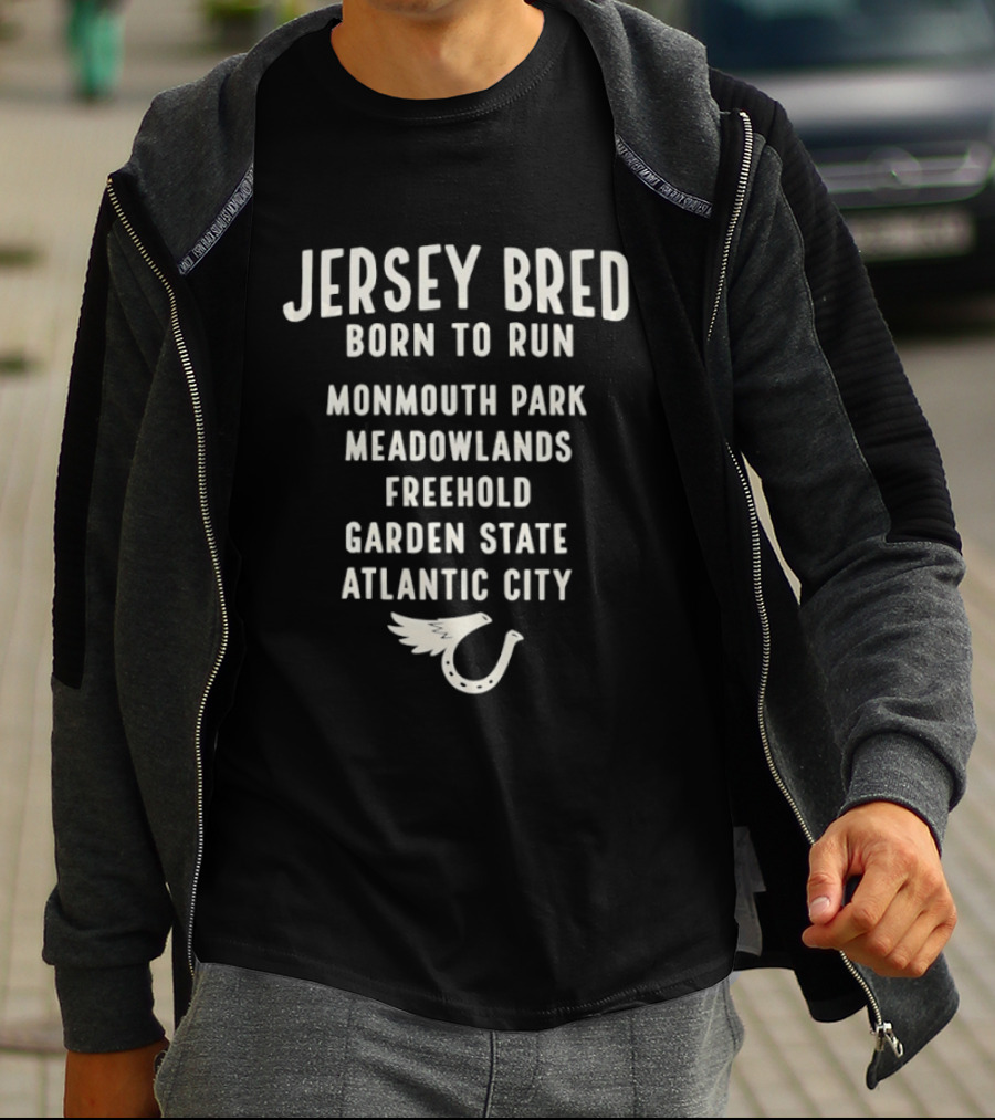 Jersey Bred Born To Run Monmouth Park Meadowlands Freehold Garden State Atlantic City Nike Winged Shoe T-Shirt