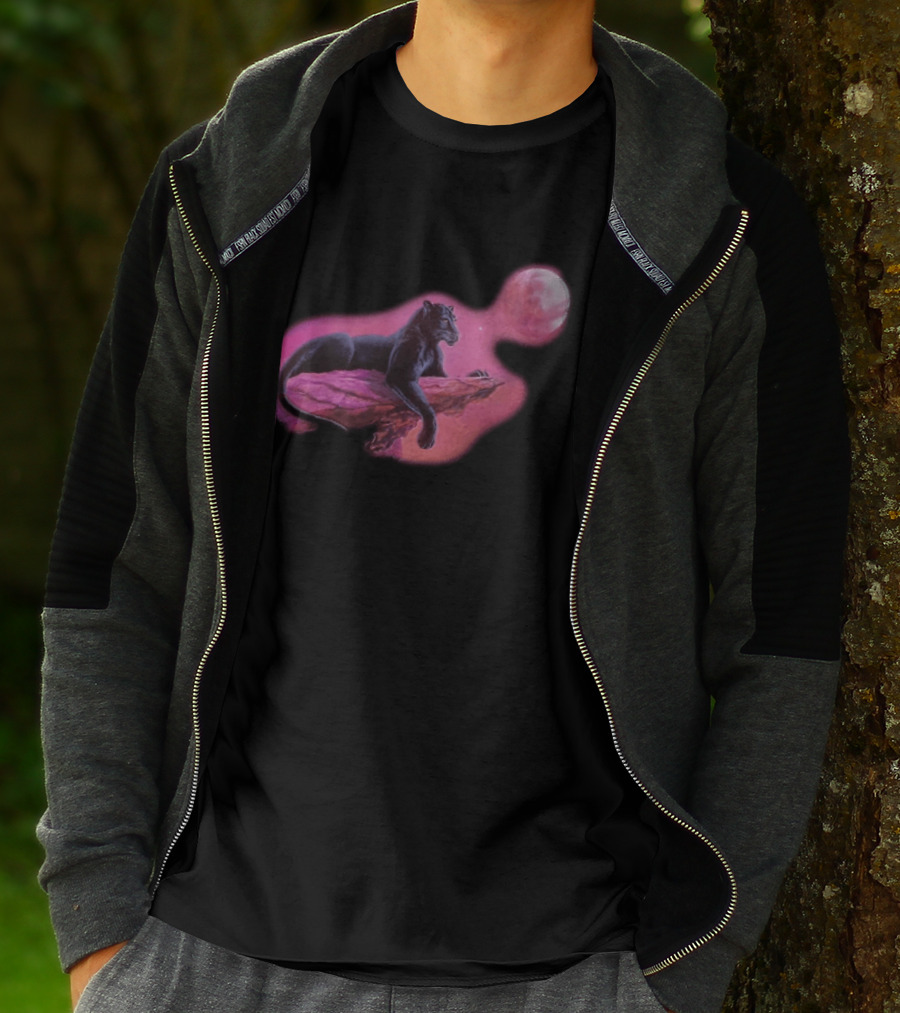 Black Panther On Rock With Pink Moonlit Night Sky T-Shirt