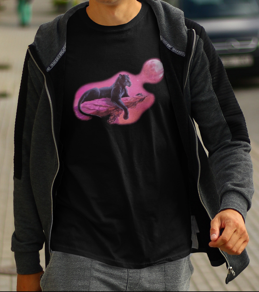 Black Panther On Rock With Pink Moonlit Night Sky T-Shirt