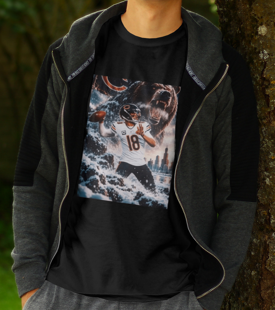 Caleb Williams Chicago Bears Snowy Football Bear Quarterback Number 18 City Skyline T-Shirt