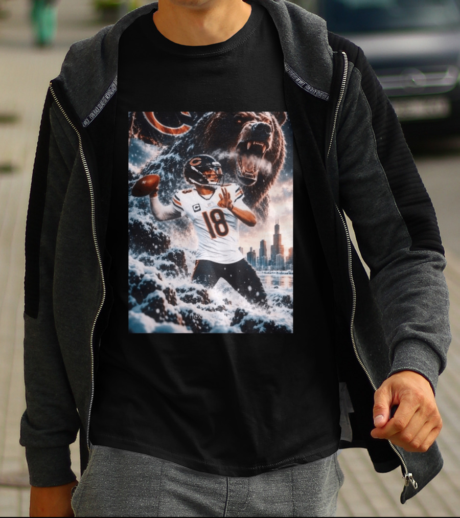 Caleb Williams Chicago Bears Snowy Football Bear Quarterback Number 18 City Skyline T-Shirt