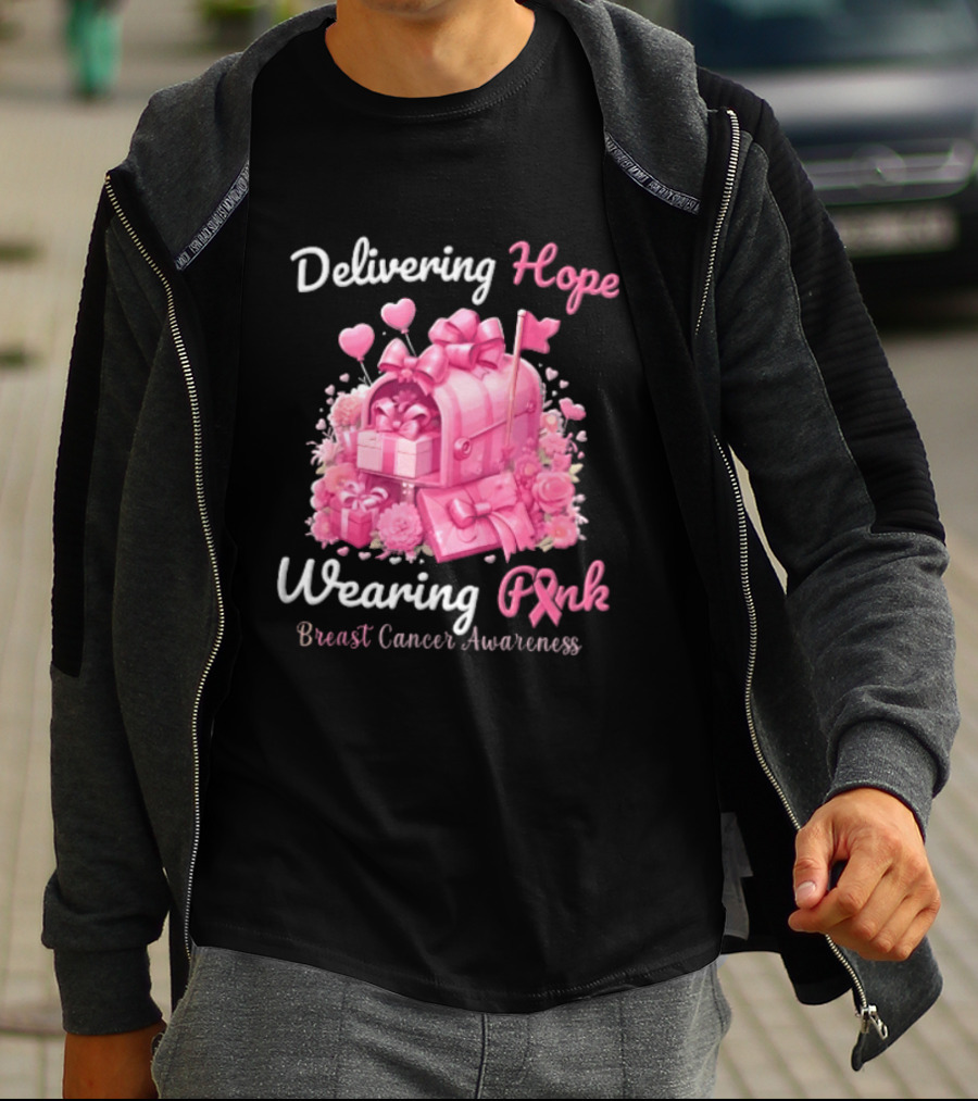 Delivering Hope Wearing Pink Breast Cancer Awareness Mailbox Wrapped Presents Heart Balloons Flowers T-Shirt