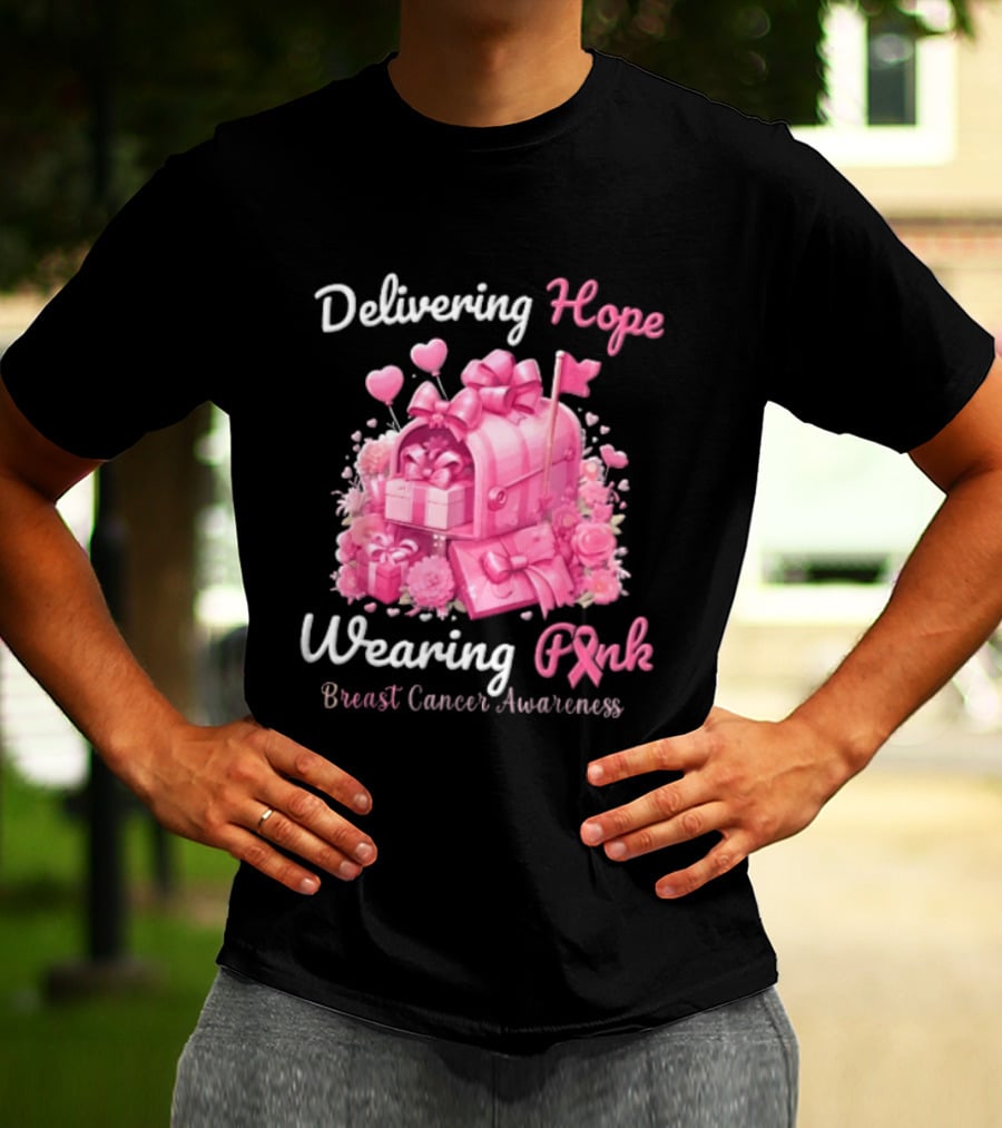Delivering Hope Wearing Pink Breast Cancer Awareness Mailbox Wrapped Presents Heart Balloons Flowers T-Shirt