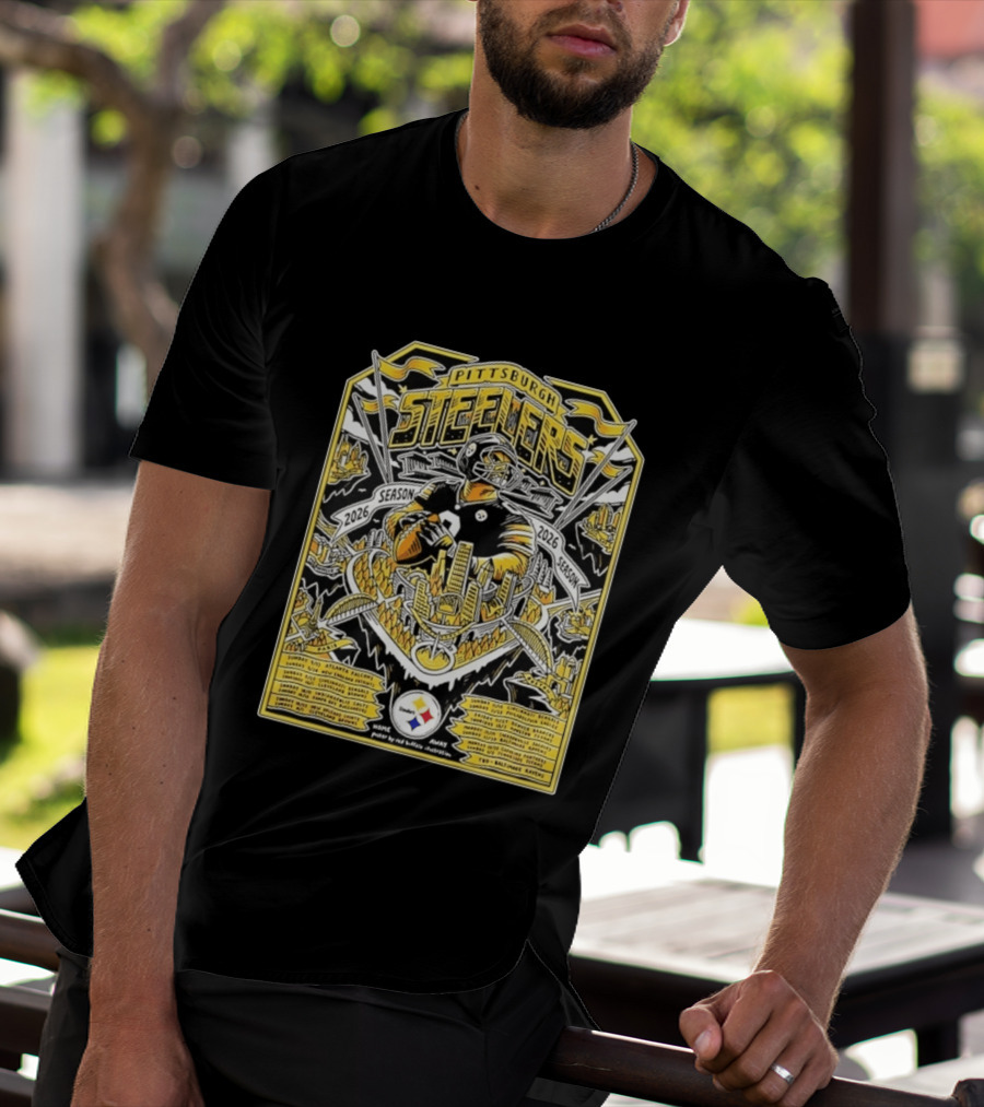 Pittsburgh Steelers 2026 Season Schedule Featuring Iconic Cityscape And Player T-Shirt