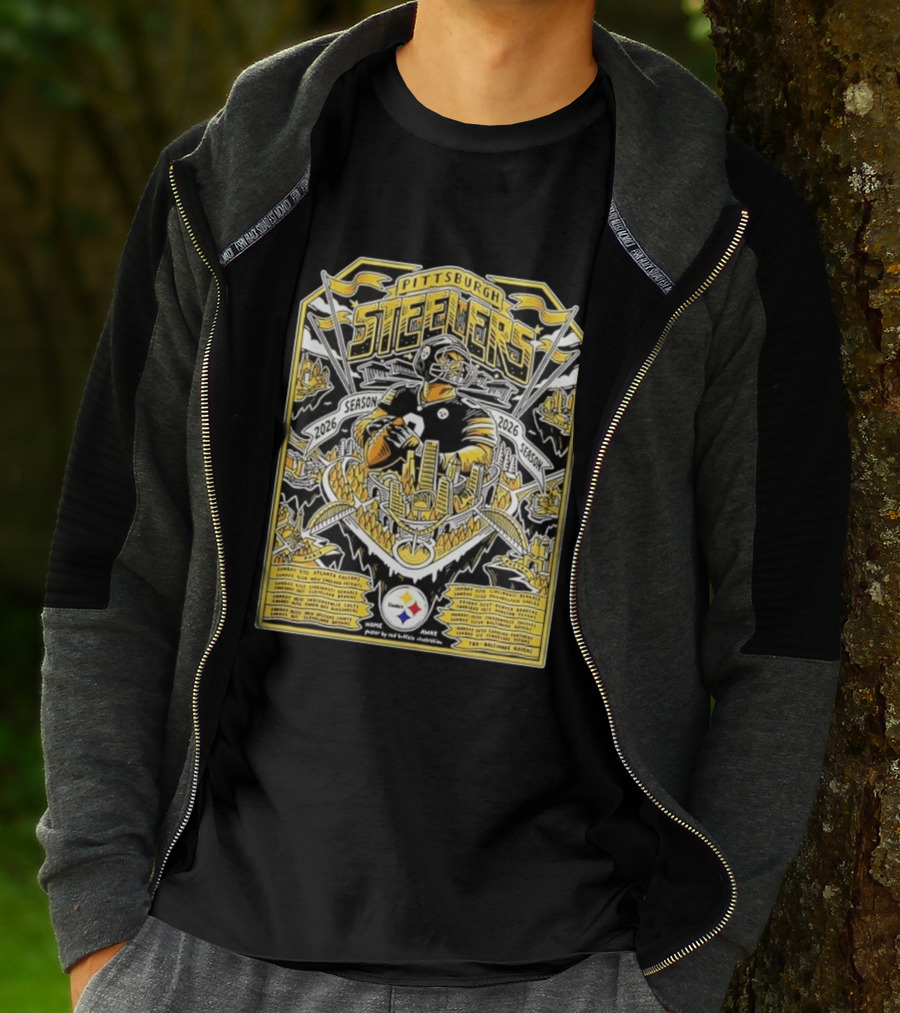 Pittsburgh Steelers 2026 Season Schedule Featuring Iconic Cityscape And Player T-Shirt