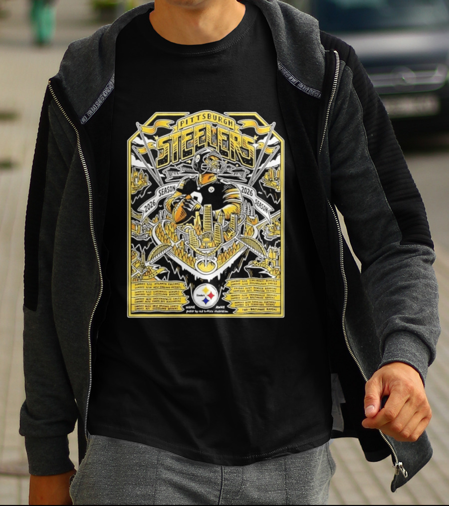 Pittsburgh Steelers 2026 Season Schedule Featuring Iconic Cityscape And Player T-Shirt
