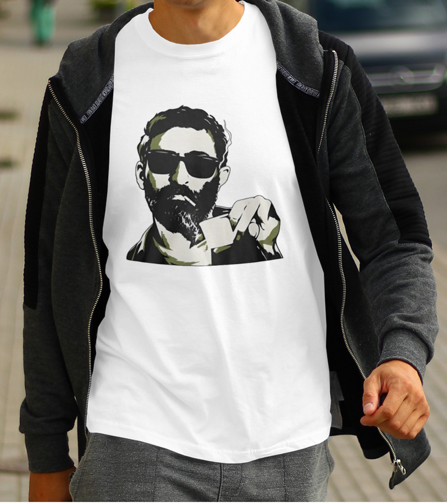 Bearded Man With Sunglasses Smoking Cigarette Holding Blank Card T-Shirt