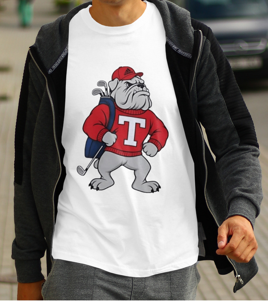 Bulldog Golf Mascot With Letter Sweater And Golf Bag T-Shirt