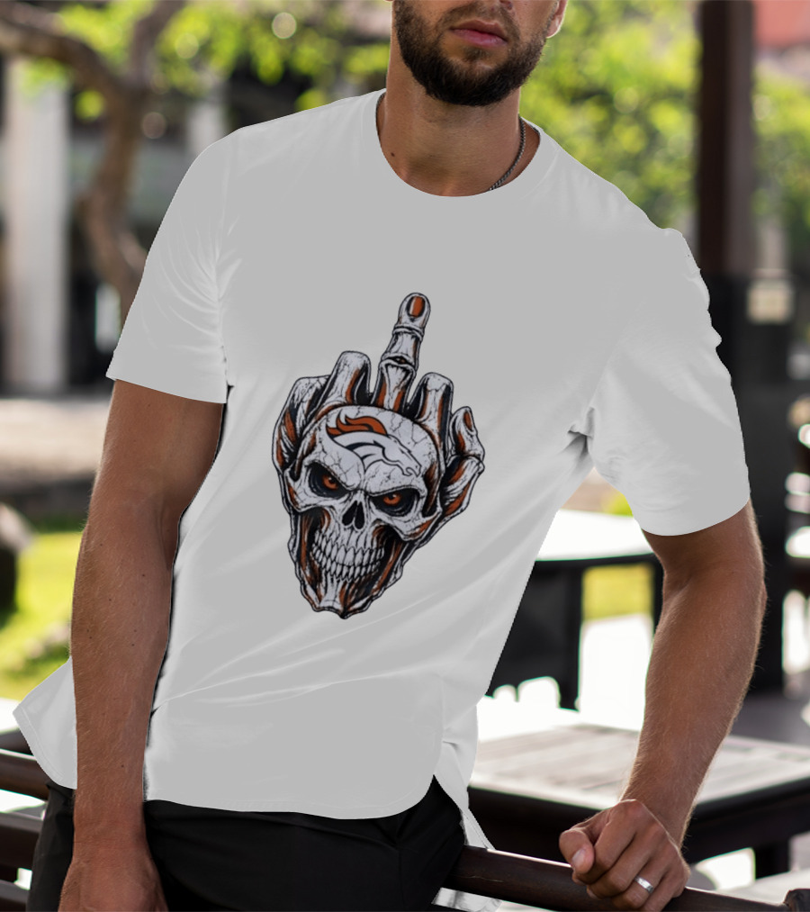 Distressed Denver Broncos Skull With Middle Finger Skeleton Hand T-Shirt