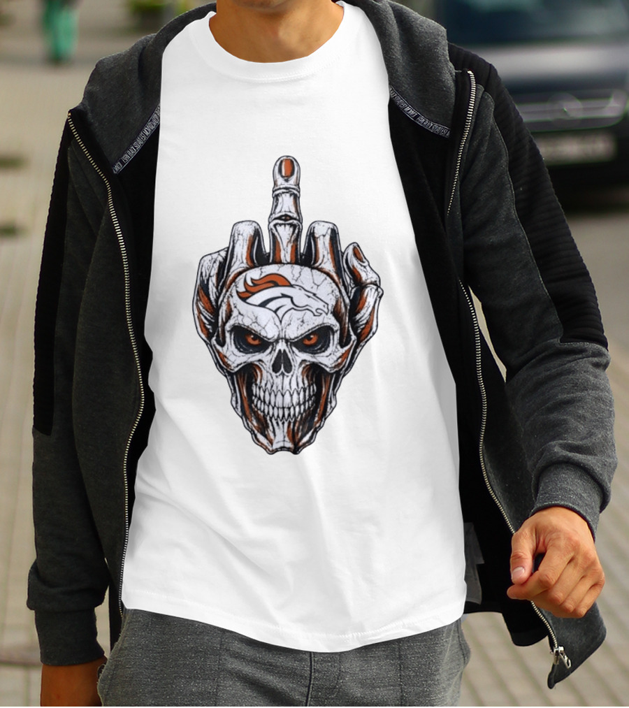 Distressed Denver Broncos Skull With Middle Finger Skeleton Hand T-Shirt