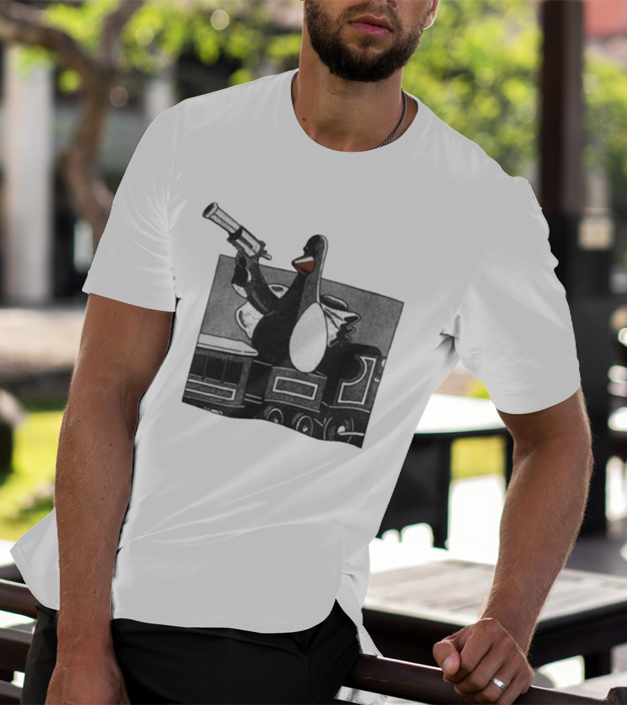 Evil Penguin With Gun On Train Vengeance Most Fowl McGraw T-Shirt