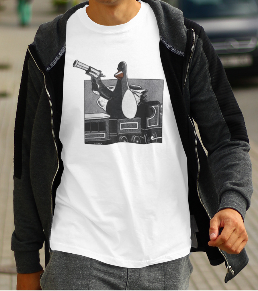 Evil Penguin With Gun On Train Vengeance Most Fowl McGraw T-Shirt