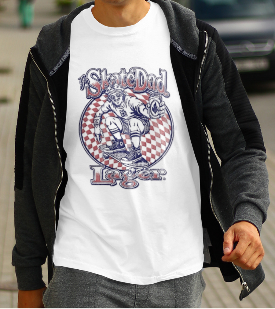 Skate Dad Lager Pils Beer Can Checkerboard Skater Riding T-Shirt