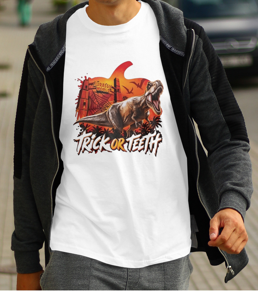 Jurassic World Trick Or Teeth Dinosaur Halloween Pumpkin Gate Rex T-Shirt