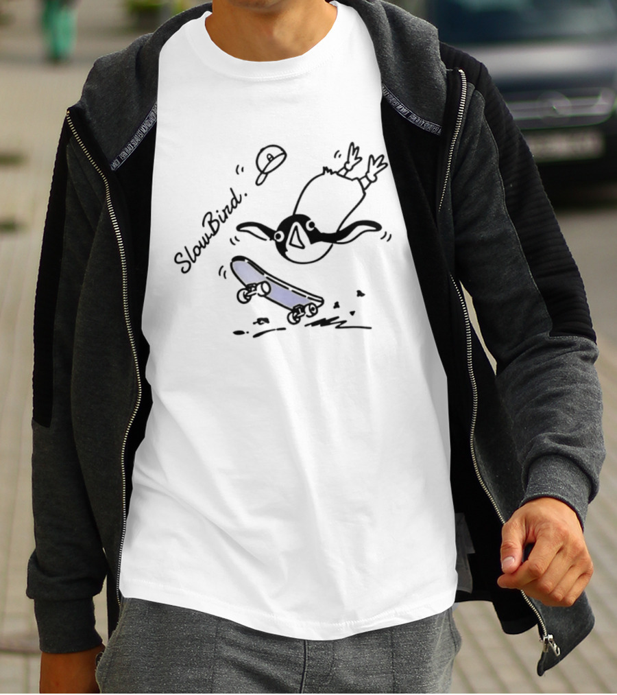 SlowBird Penguin Skateboarder With Blue Skateboard T-Shirt
