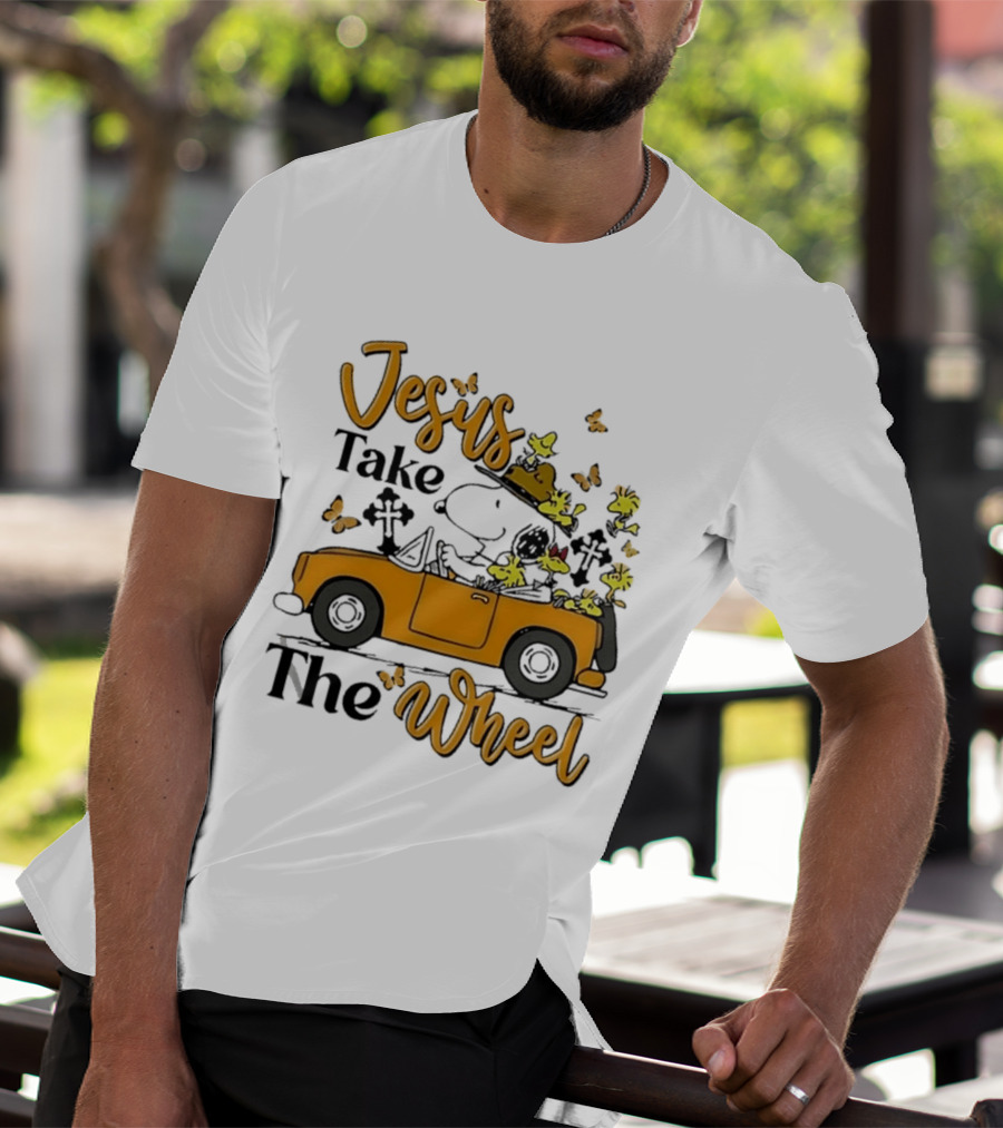 Snoopy Jesus Take The Wheel Butterflies Woodstock Driving Scene T-Shirt