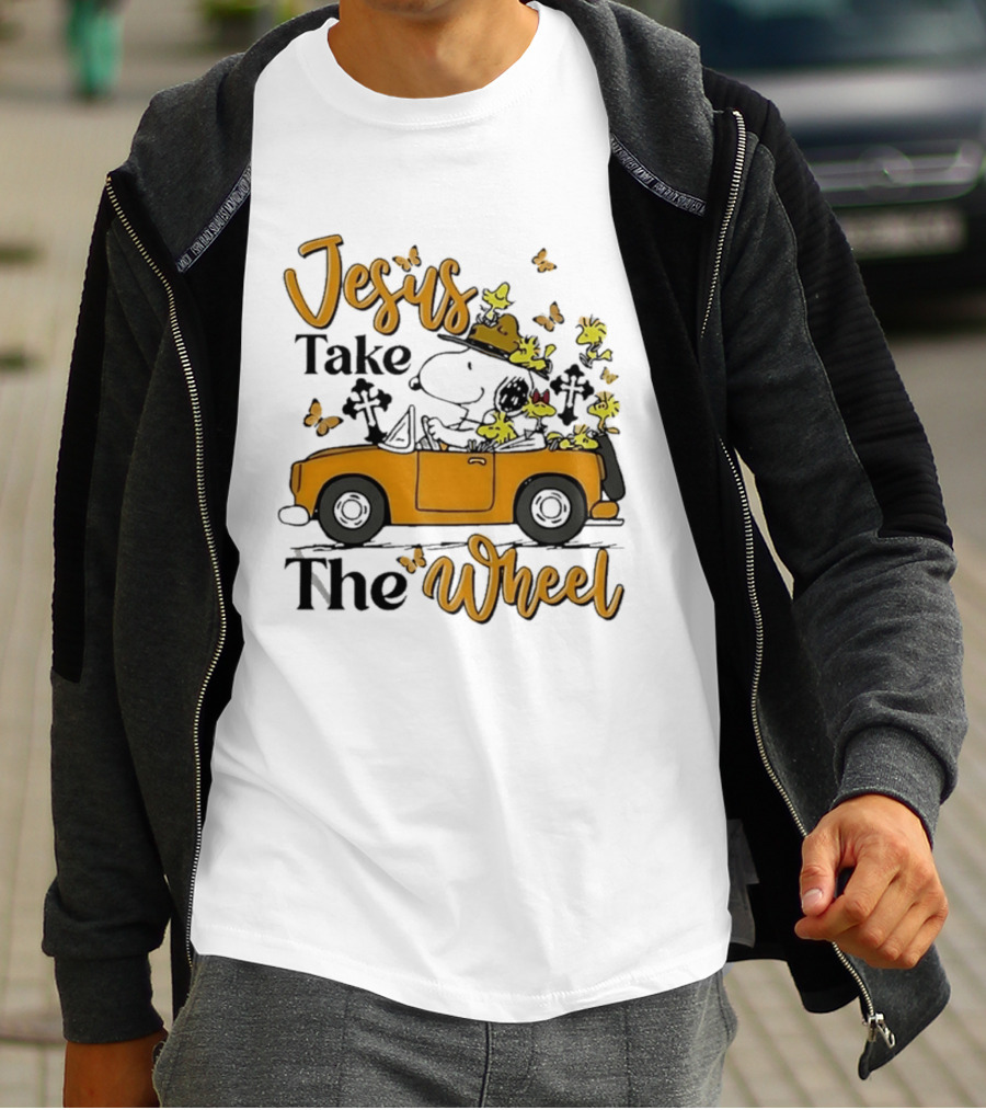 Snoopy Jesus Take The Wheel Butterflies Woodstock Driving Scene T-Shirt