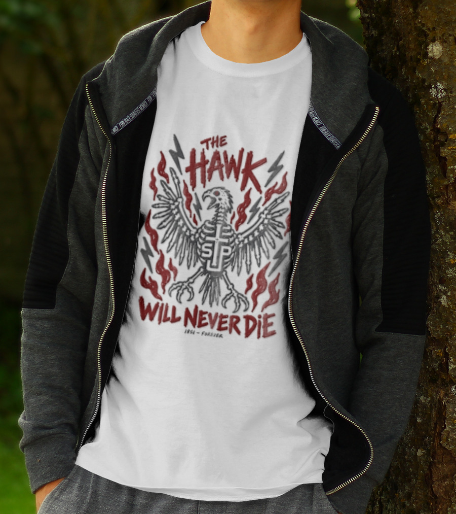 The Hawk Will Never Die 1851 Skeletal Bird Wings Cross Flames Lightning T-Shirt