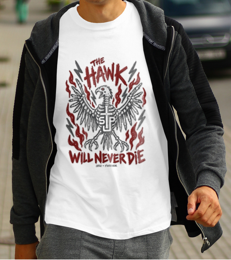 The Hawk Will Never Die 1851 Skeletal Bird Wings Cross Flames Lightning T-Shirt