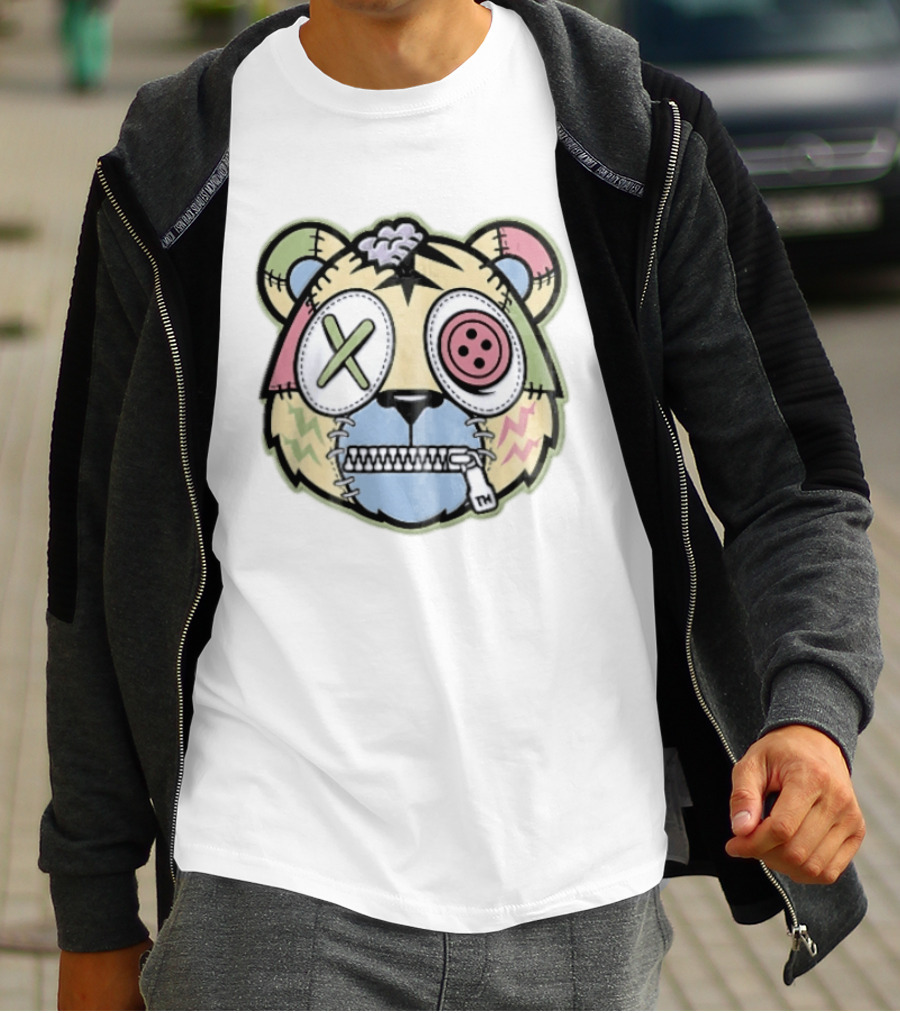 Tm Cartoon Patchwork Zombie Bear Button Eye Zipper Mouth T-Shirt