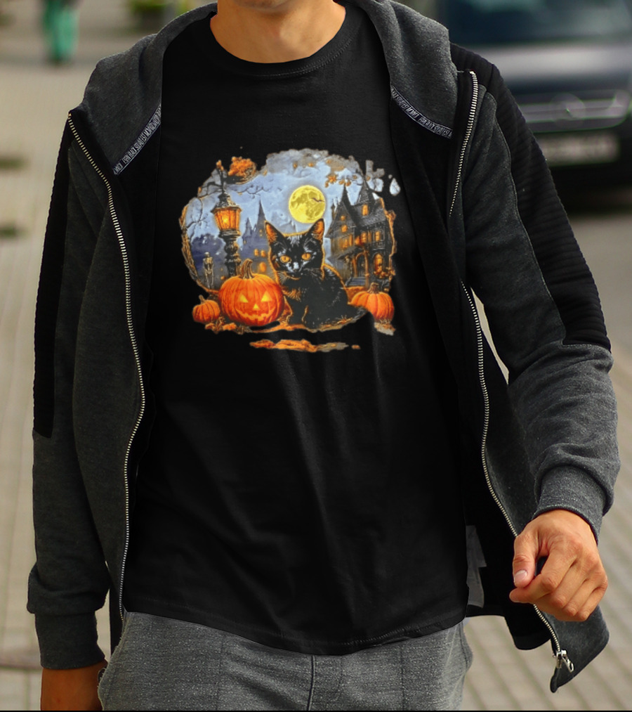 Black Cat Halloween Glowing Jack O' Lantern Haunted Mansion Full Moon Scene T-Shirt